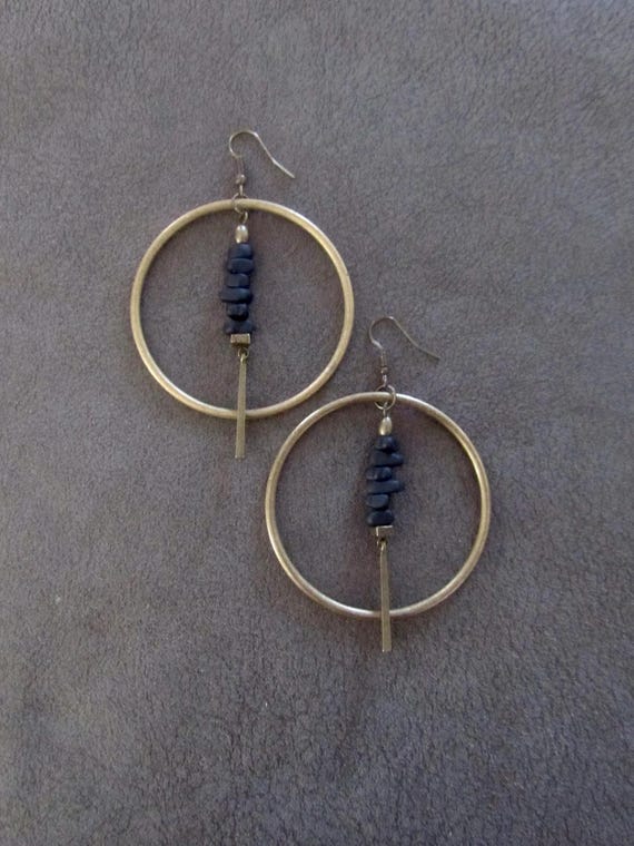 Bronze hoop and black nugget earrings