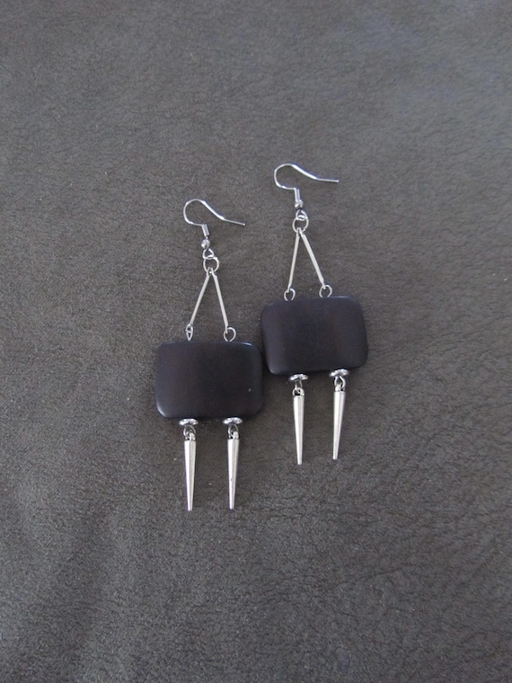 Large geometric mid century wooden earrings, black