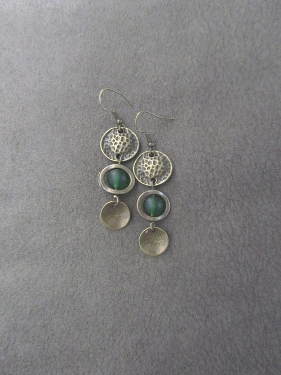Mid century modern green frosted glass and bronze earrings