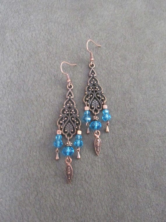 Antique copper filagree chandelier earrings, blue crystal earrings