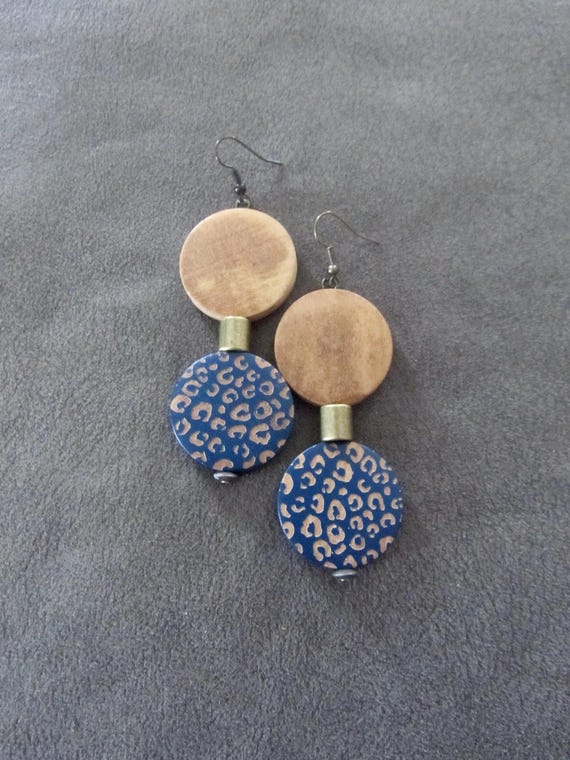 Large blue wooden and natural earrings