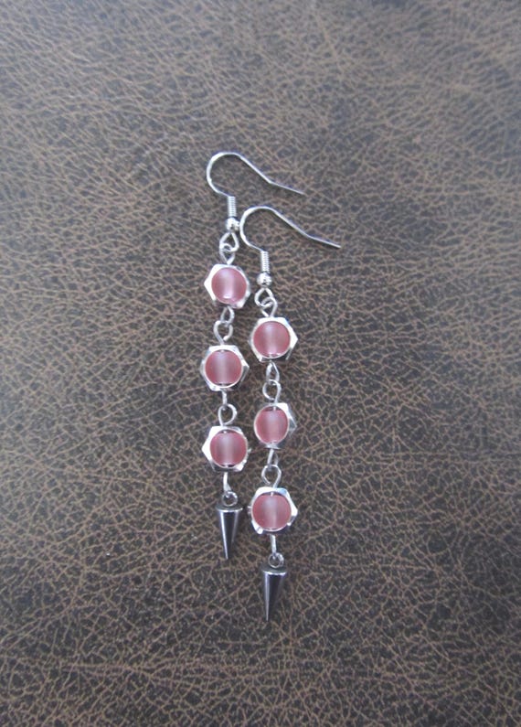 Long pink frosted glass and silver hexagon earrings