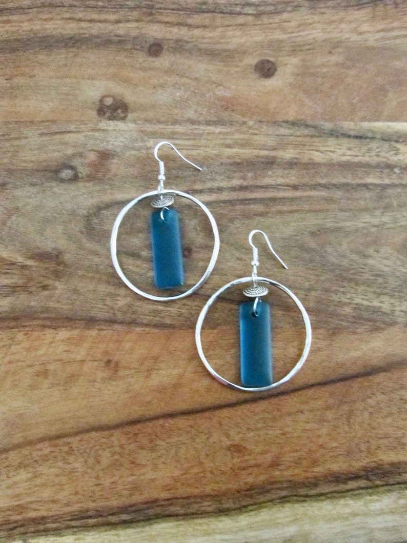 Silver hoop and blue frosted glass earrings image 1