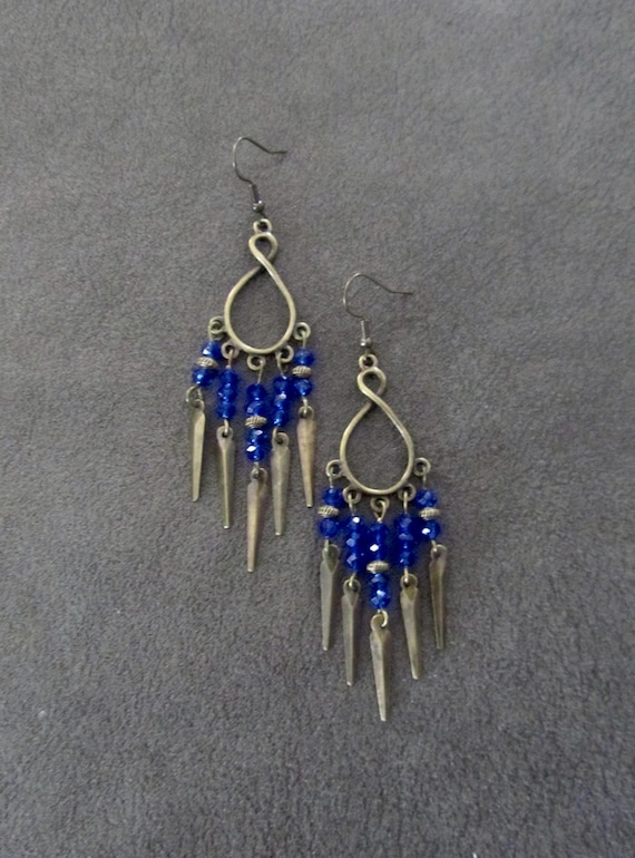Crystal chandelier earrings, blue and bronze earrings