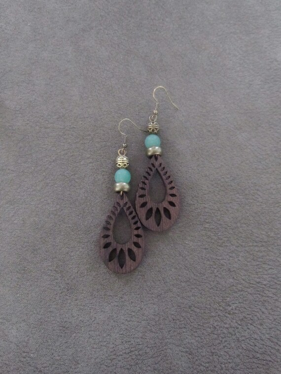 Carved wooden earrings, bold statement earrings, orange Afrocentric jewelry, African earrings, bohemian earrings, rustic natural earrings