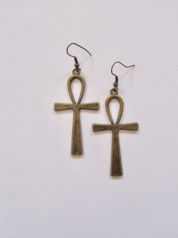 Ankh Egyptian African earrings, bold statement earrings, ethnic tribal earrings, fertility symbol, Afrocentric earrings, bronze