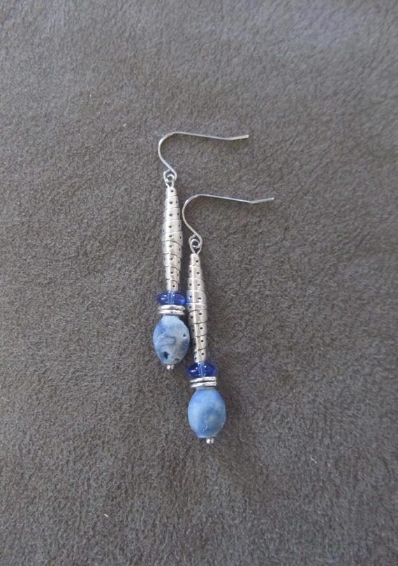 Silver Teal Druzy Agate Earrings: Industrial Mid-Century Modern Style