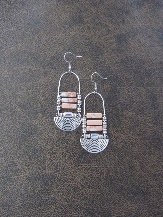 Chandelier earrings, peach jasper and silver ethnic statement earrings, chunky bold earrings, African earrings, unique bohemian earrings