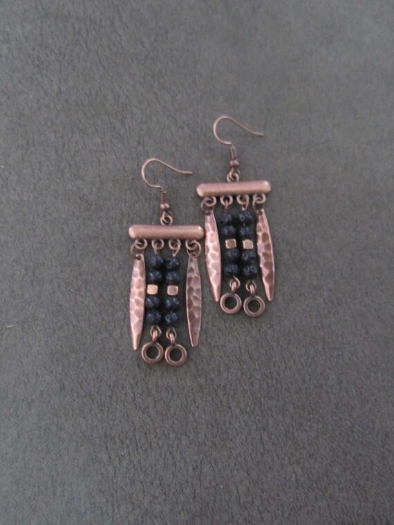 Chandelier earrings, black and copper earrings