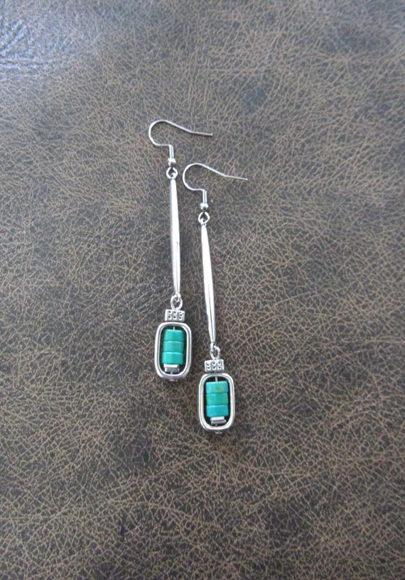 Simple green and silver long silver earrings