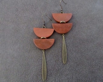 Long rust orange/brown wood and bronze Afrocentric dangle earrings