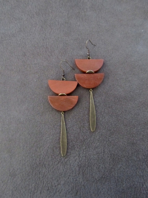 Long rust orange/brown wood and bronze Afrocentric dangle earrings