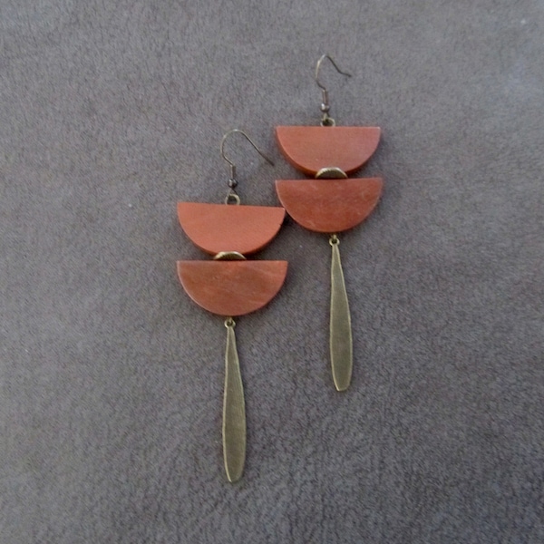 Long rust orange/brown wood and bronze Afrocentric dangle earrings