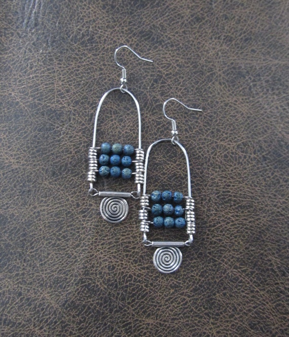 Teal lava rock chandelier earrings silver