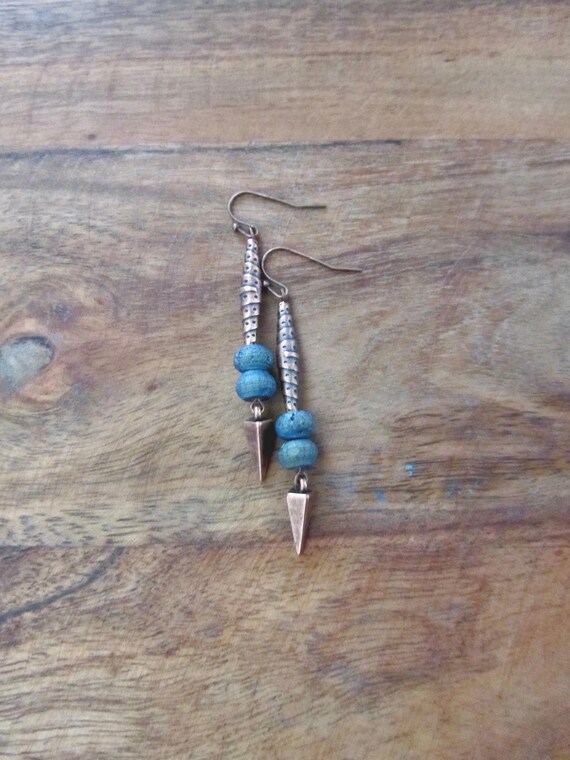 Copper Teal Druzy Agate Earrings: Industrial Mid-Century Modern Style