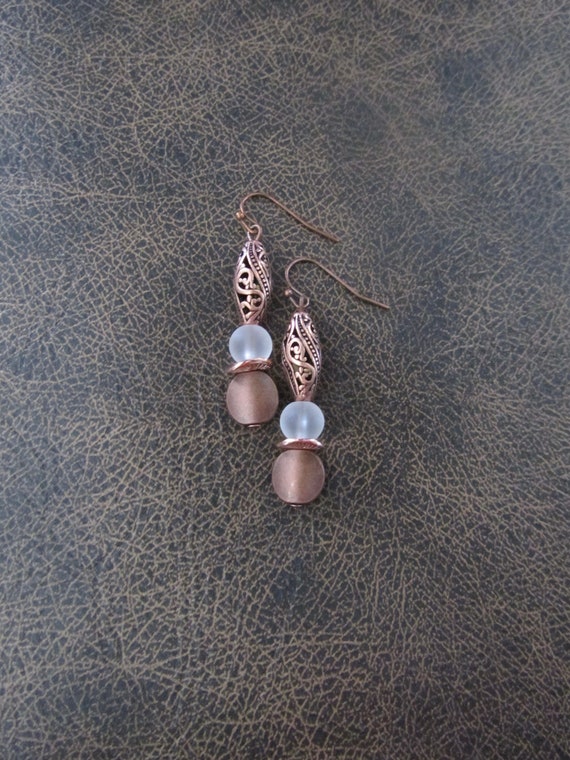 Bohemian artisan earrings, boho earrings, etched copper earrings, clear frosted