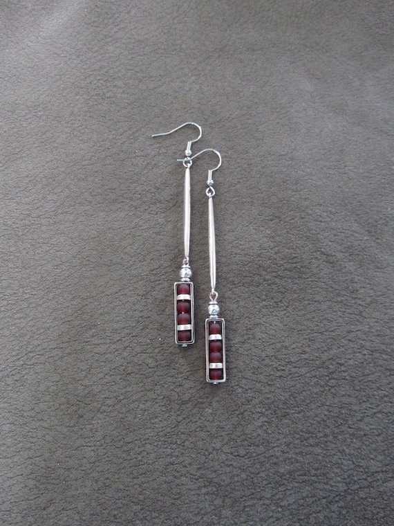 Long sea glass earrings, bohemian earrings, beach earrings, bold earrings, boho earrings, red earrings, geometric earrings, artisan