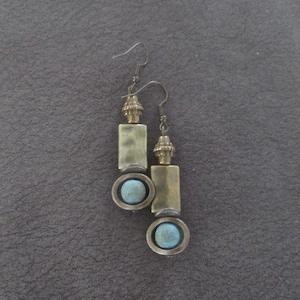 Industrial earrings, green agate and bronze minimalist earrings