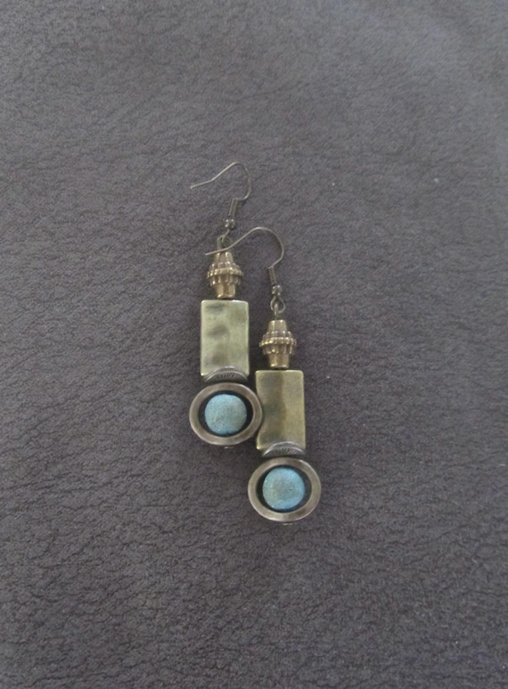 Industrial earrings, green agate and bronze minimalist earrings