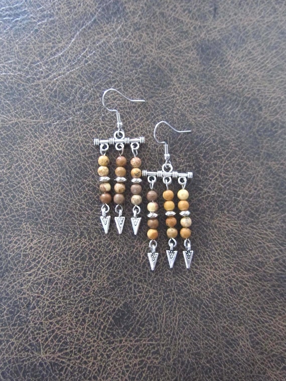Tiger jasper bohemian chandelier earrings, silver