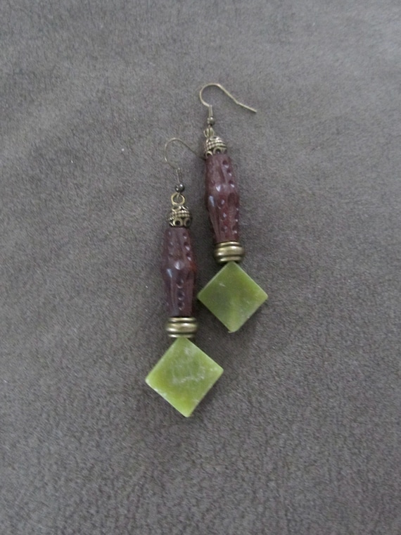 Serpentine green stone and carved wooden earrings