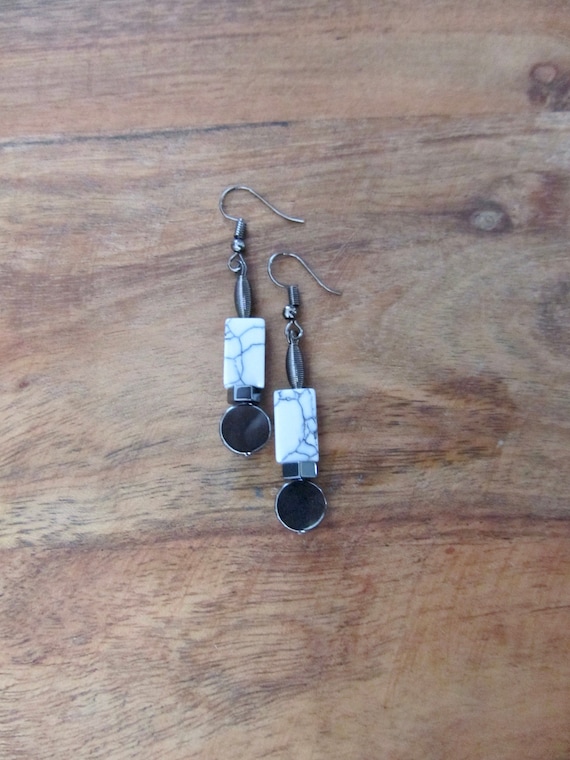 White marble stone and gunmetal earrings