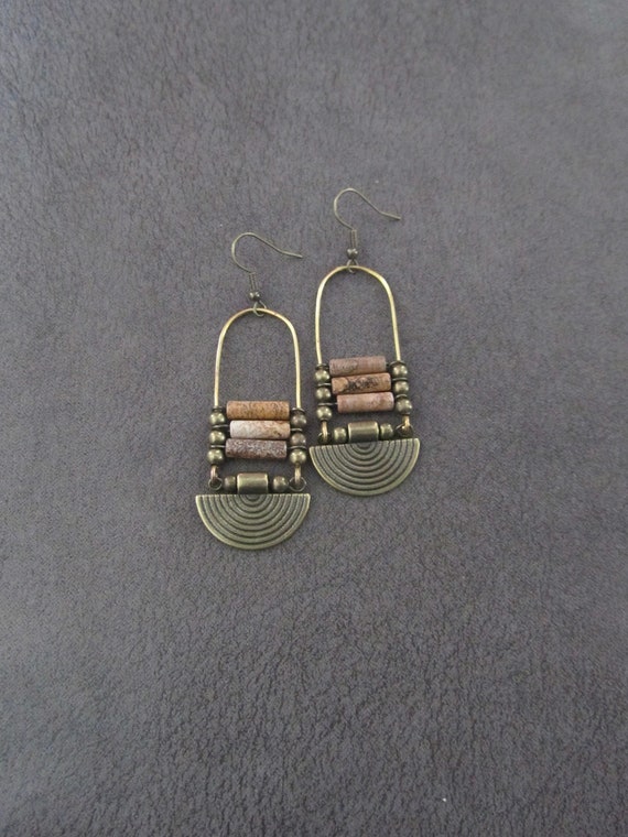 Picture jasper and bronze ethnic statement earrings
