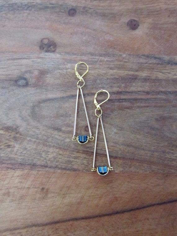 Gold pendulum earrings, royal blue hematite