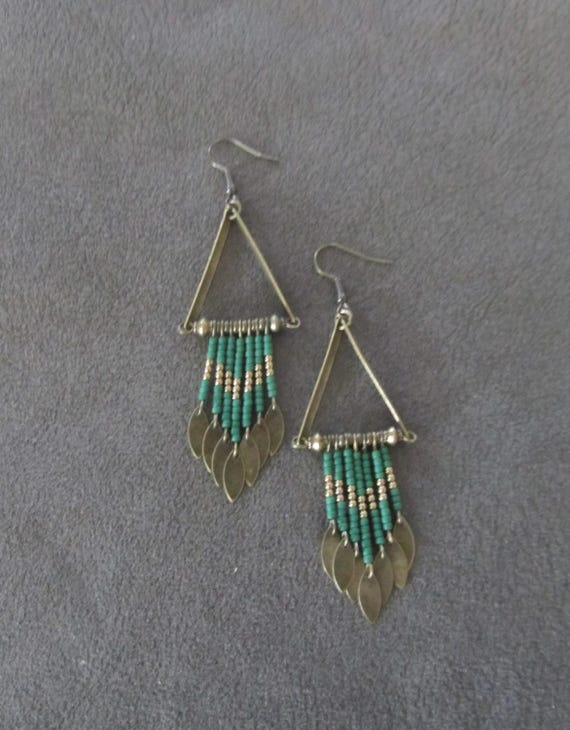 Bronze and green long seed bead earrings