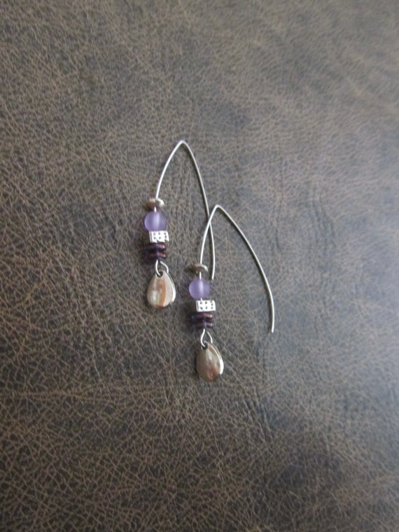 Sea glass earrings, bohemian earrings, silver boho earrings, purple dangle earrings, artisan ethnic earring, simple chic earrings