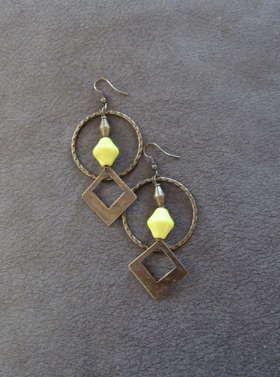 Hammered bronze hoop earrings, Bohemian boho earrings, yellow stone, unique artisan earrings, mid century