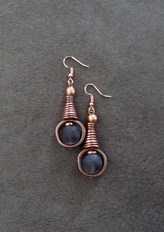 Mid century modern earrings gray frosted glass and copper earrings