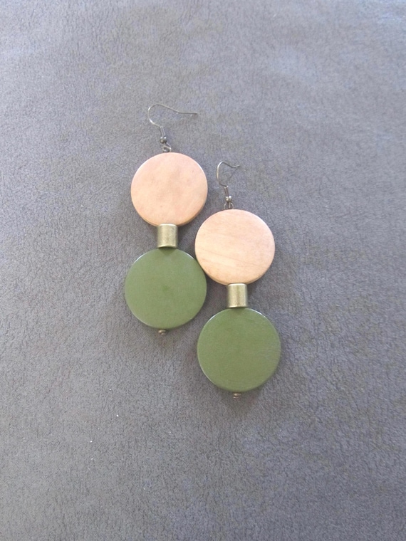 Mid century bold wooden earrings, olive green