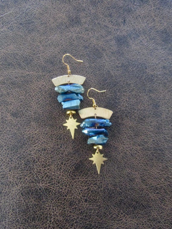 Raw quartz crystal earrings, teal and gold