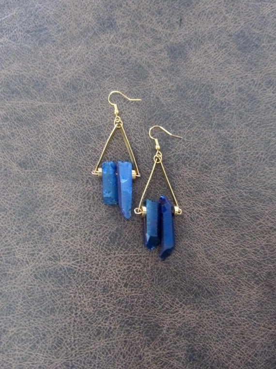 Raw quartz blue crystal earrings, rustic boho chic earrings, unique geode natural bohemian mid century modern electroplated, gold earring