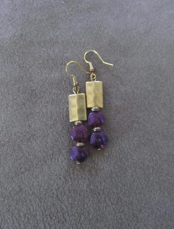 Purple lava rock and bronze dangle earrings
