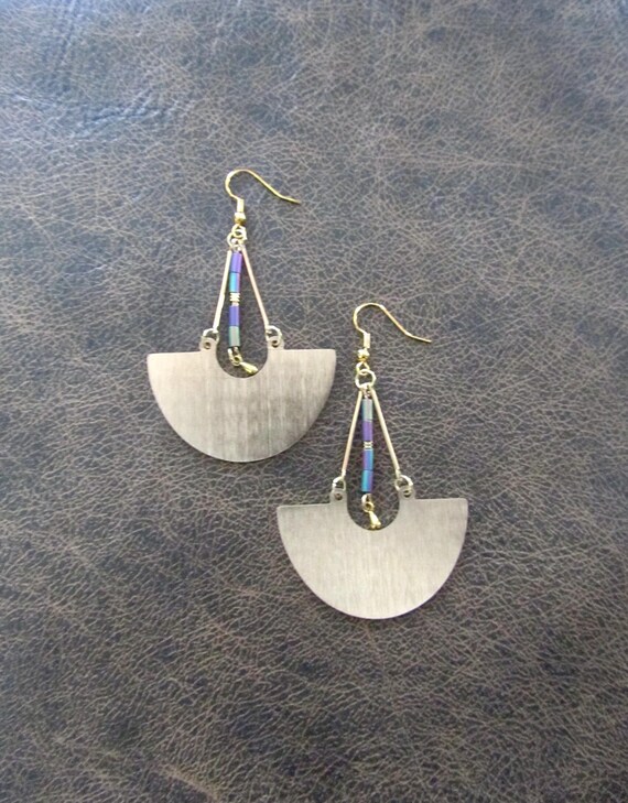 Gold and multicolor hematite mid century modern statement earrings