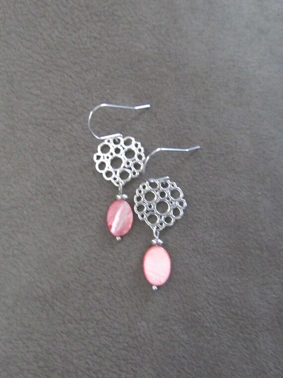 Mid century modern pink mother of pearl and silver earrings 2