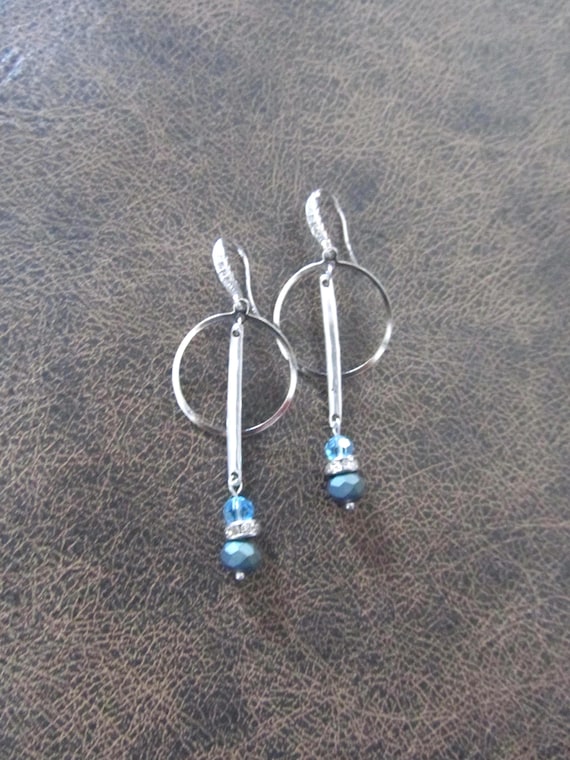 Modern industrial silver and crystal hoop earrings