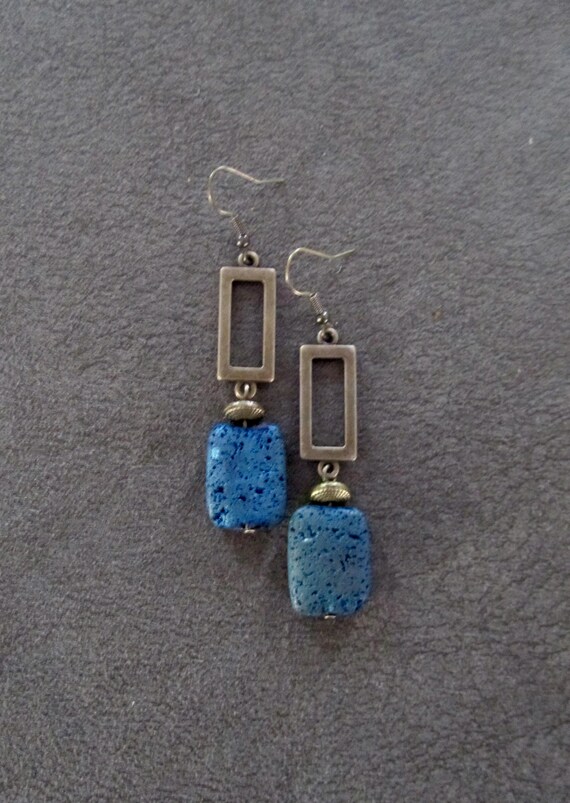 Teal lava rock earrings, mid century modern earrings, Brutalist bold statement earrings, artisan boho earrings, bohemian gypsy earrings 2