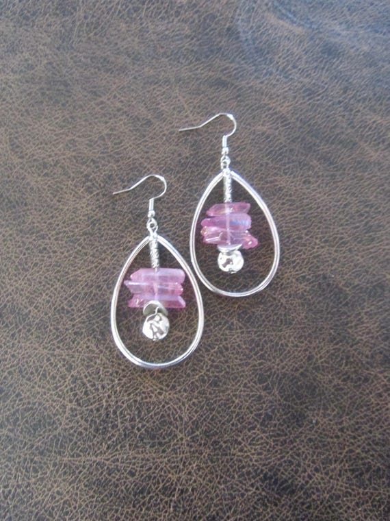 Raw quartz pink crystal earrings, rustic boho silver unique earrings, geode natural bohemian hoop