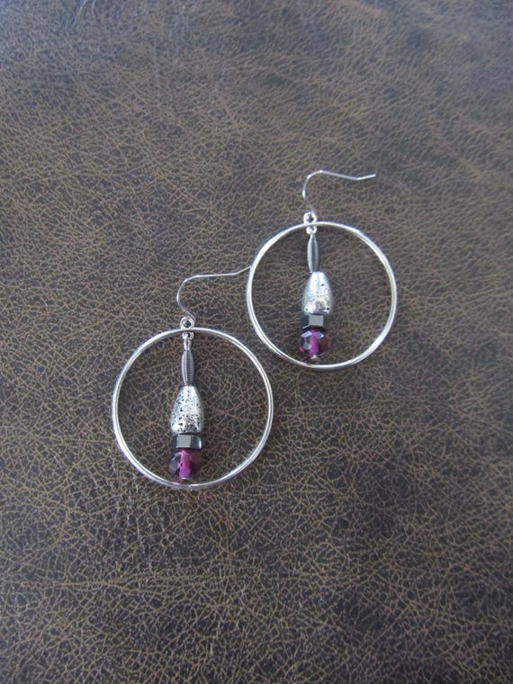 Purple crystal and silver hoop earrings