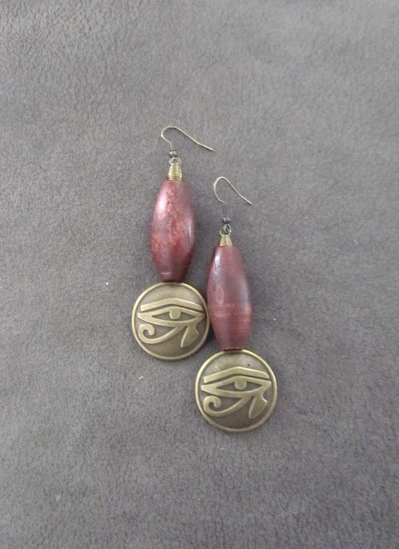 Eye of Ra Earrings: Bronze & Stained Wood, Egyptian Dangle Earrings