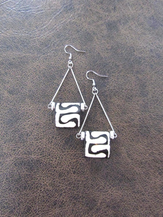 Batik print bone earrings, black and white earrings, silver