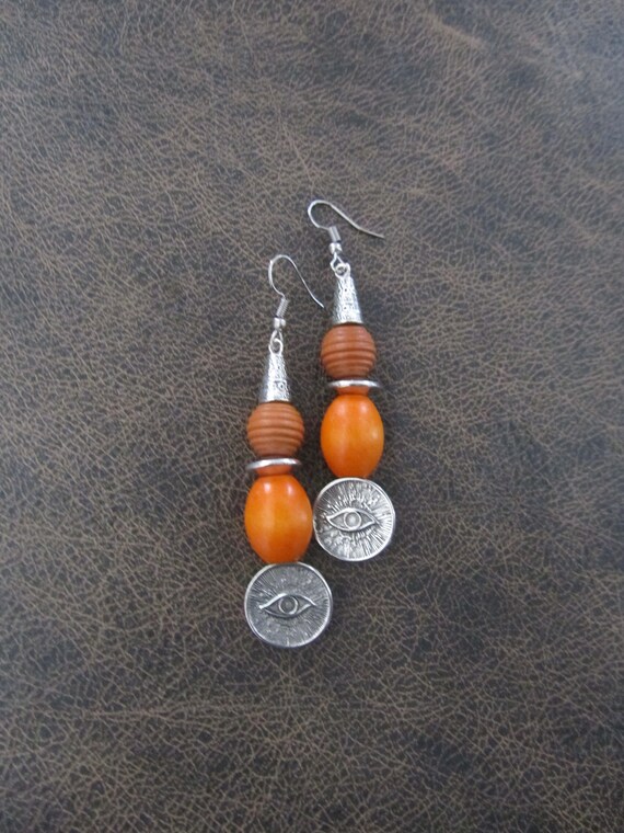 Egyptian African earrings, orange, Afrocentric eye of Horus earrings, mythology, kemetism