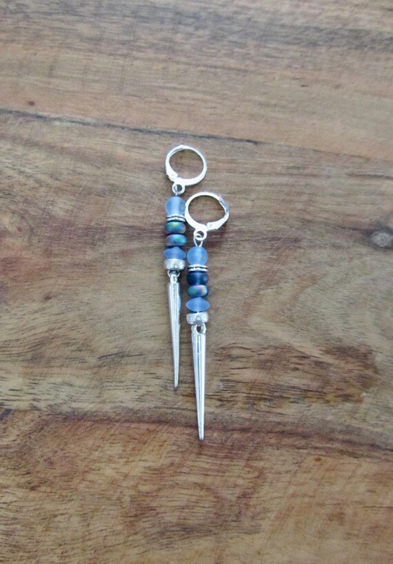 Blue sea glass earrings, silver spike