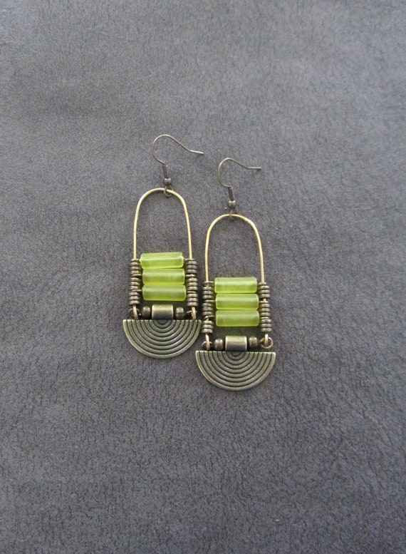 Yellow frosted glass earrings, chandelier earrings, statement earrings, bold earrings, etched brass earrings, tribal ethnic earrings, chic