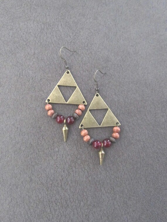 Antique bronze triangle earrings, orange agate