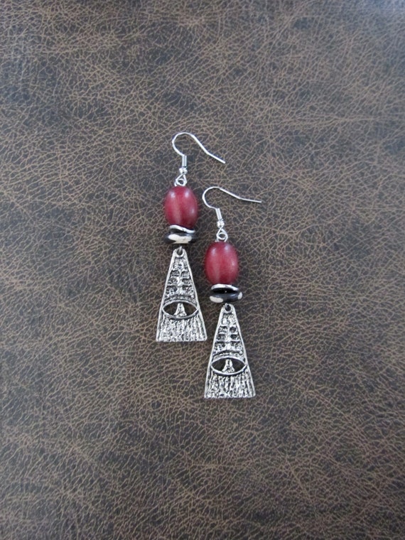 Eye of Horus earrings, exotic Egyptian earrings, red wood