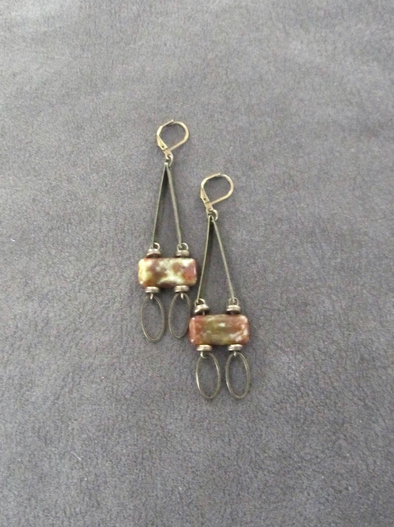 Unique stone and bronze dangle earrings